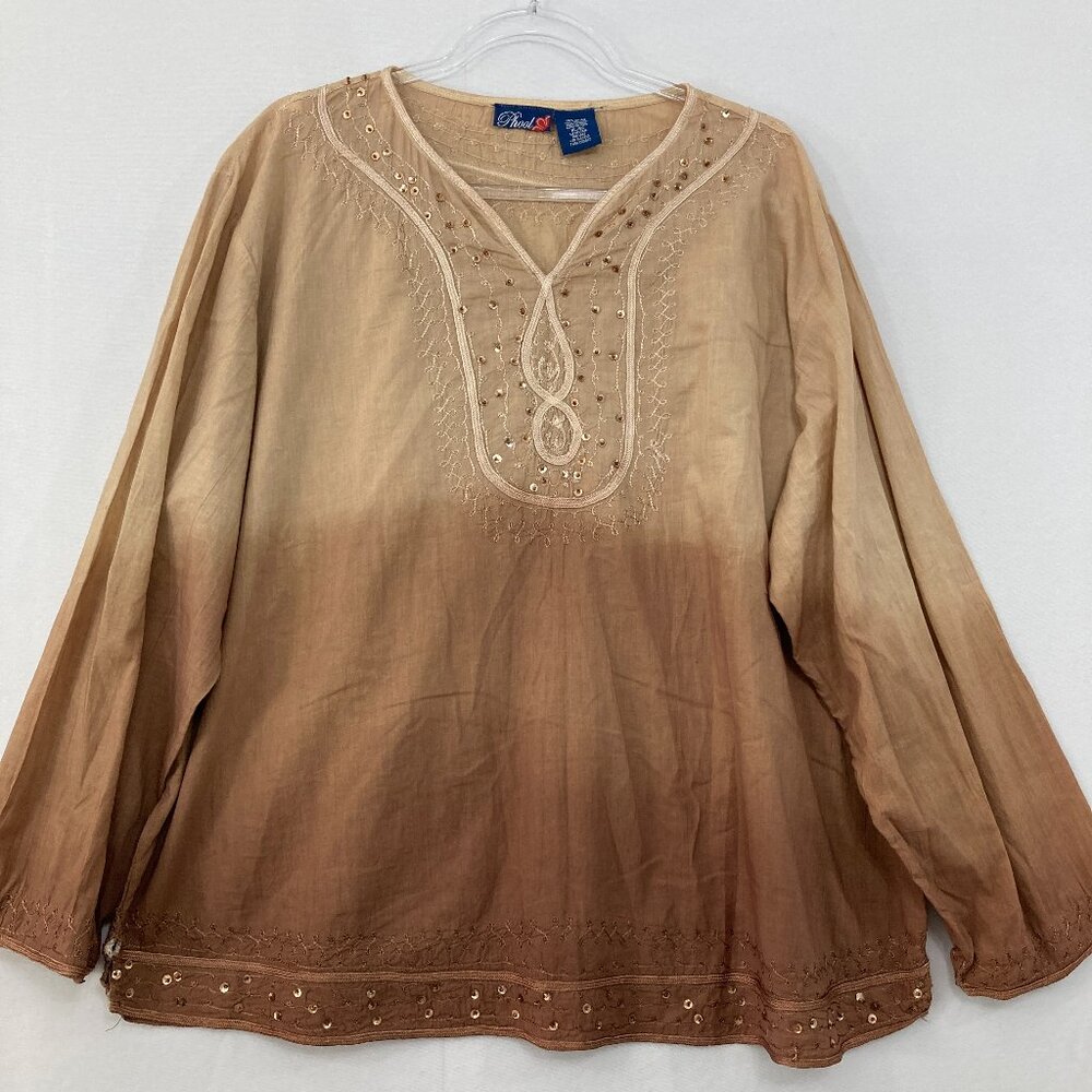 Phool size XL Brown Tan Ombre Embellished V Neck Cotton Long Sleeve Blouse